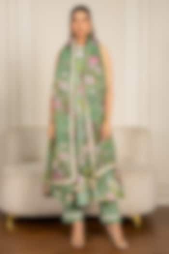 Pista Green Chanderi Floral Printed & Lace Embroidered Anarkali Set by Yuvrani Jaipur at Pernia's Pop Up Shop
