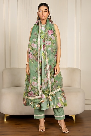 Pista Green Chanderi Floral Printed & Lace Embroidered Anarkali Set by Yuvrani Jaipur