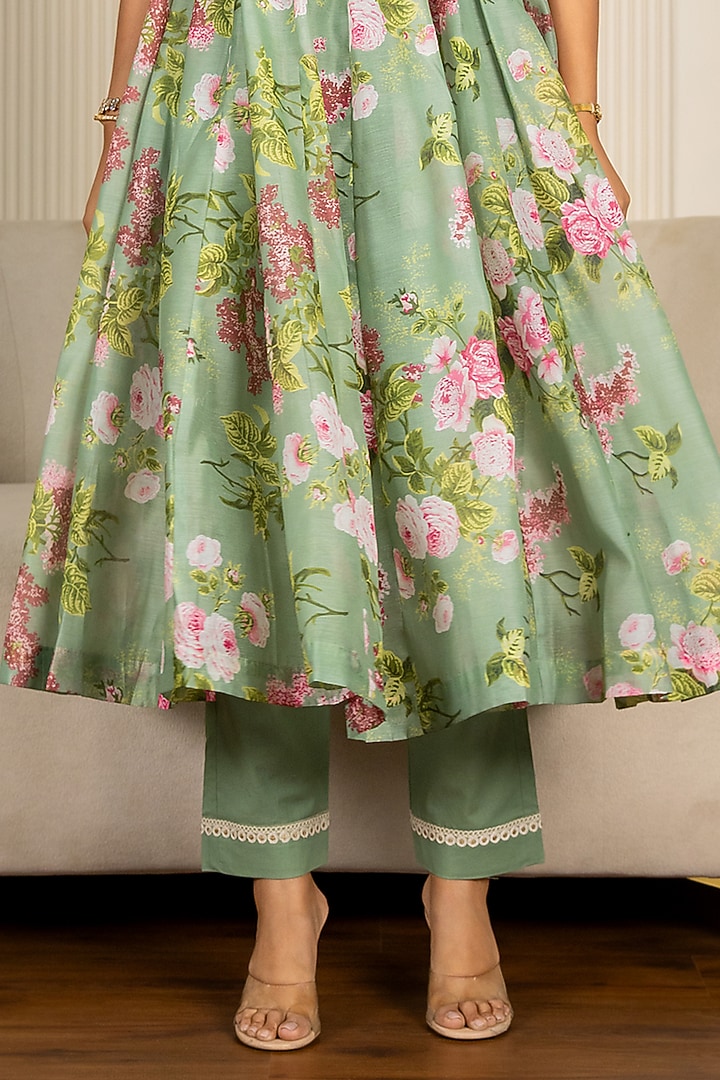 Pista Green Chanderi Floral Printed & Lace Embroidered Anarkali Set by Yuvrani Jaipur at Pernia's Pop Up Shop