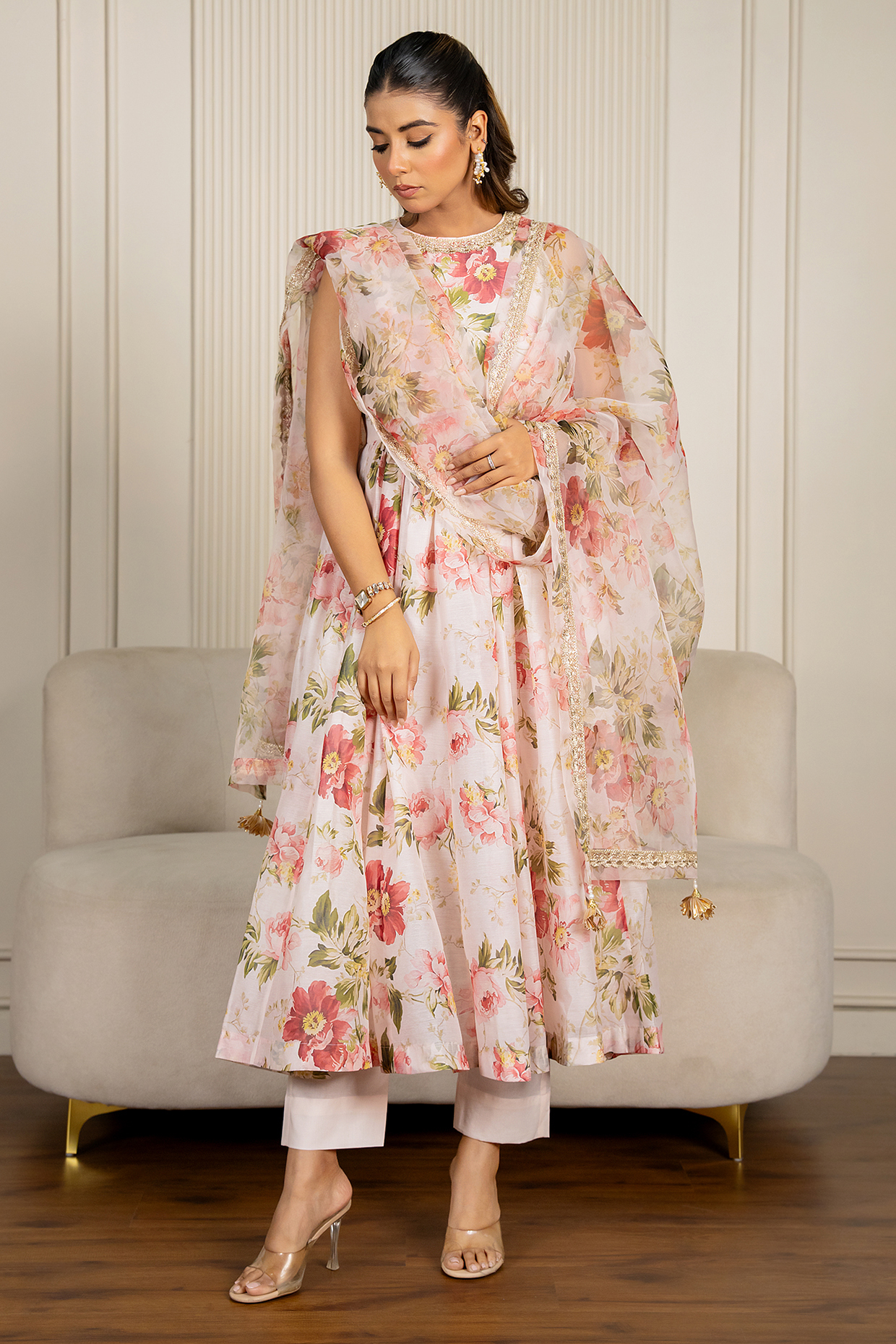 Peach Chanderi Floral Printed & Lace Embroidered Anarkali Set by Yuvrani Jaipur at Pernia's Pop Up Shop