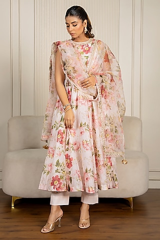 Peach Chanderi Floral Printed & Lace Embroidered Anarkali Set by Yuvrani Jaipur