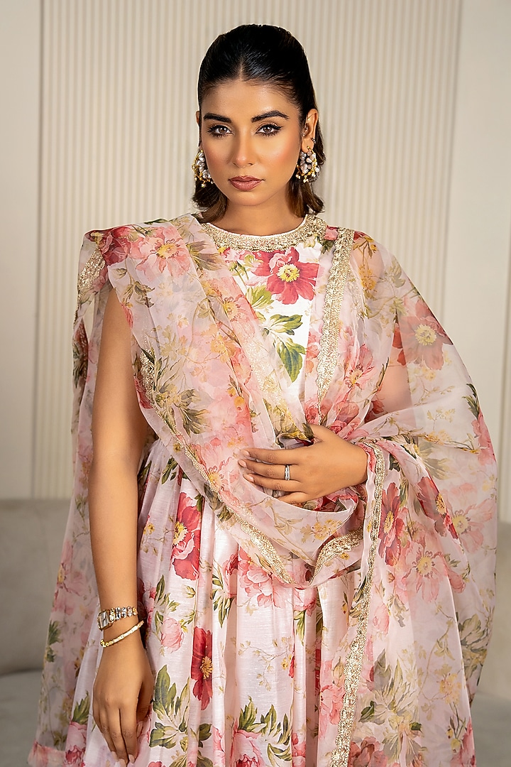 Peach Chanderi Floral Printed & Lace Embroidered Anarkali Set by Yuvrani Jaipur at Pernia's Pop Up Shop