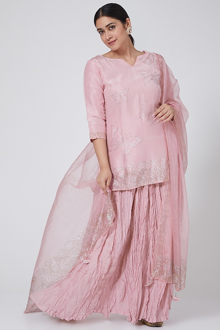 Blush Pink Skirt Set With Swarovski Work by Yuvrani Jaipur