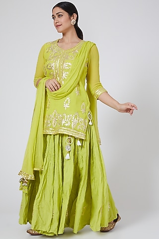 Lime Embroidered Skirt Set by Yuvrani Jaipur