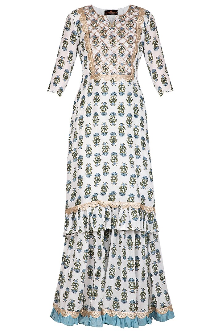 Blue Block Printed & Leheriya Sharara Set by Yuvrani Jaipur at Pernia's Pop Up Shop