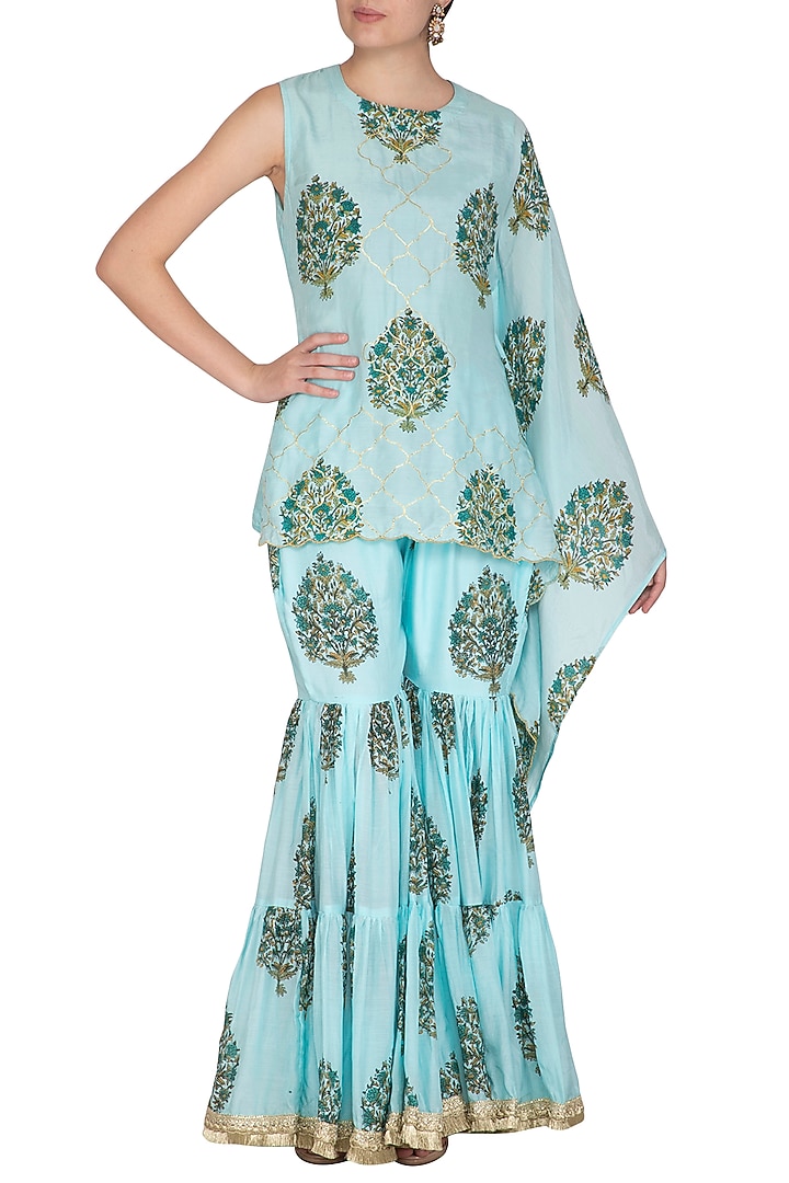 Blue Embroidered & Printed Kaftan Top With Sharara Pants by Yuvrani Jaipur at Pernia's Pop Up Shop