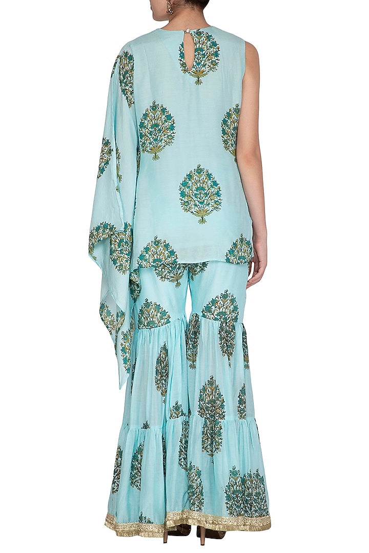 Blue Embroidered & Printed Kaftan Top With Sharara Pants by Yuvrani Jaipur at Pernia's Pop Up Shop