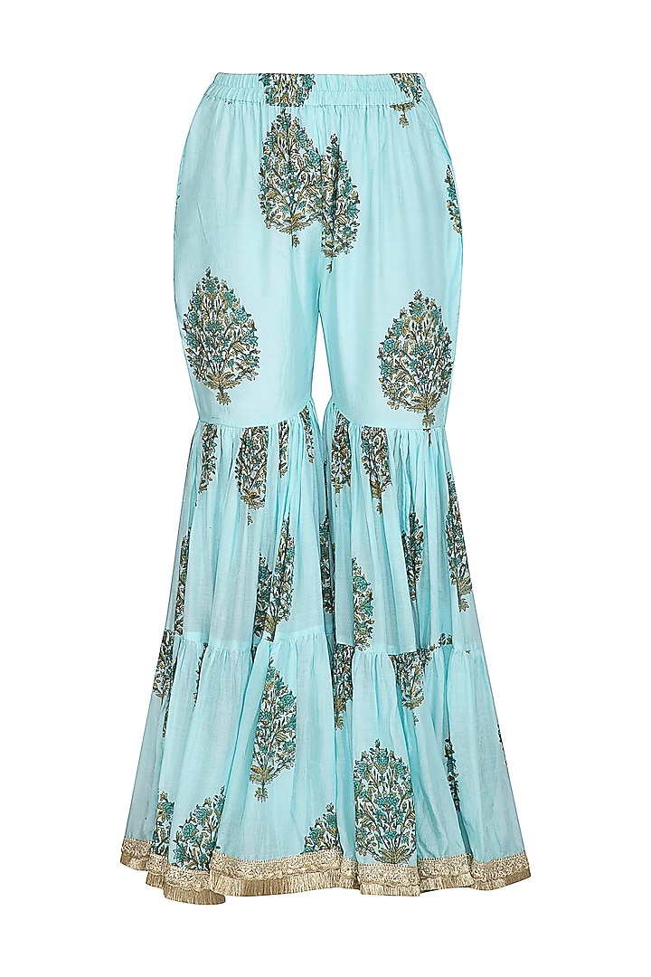 Blue Embroidered & Printed Kaftan Top With Sharara Pants by Yuvrani Jaipur at Pernia's Pop Up Shop