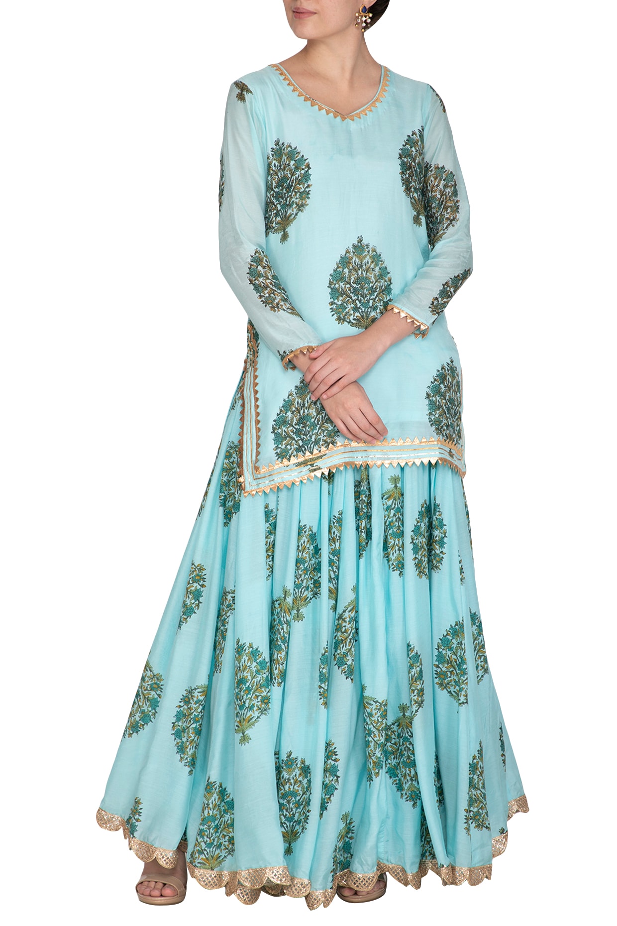 Teal Embroidered Short Kurta & Sharara Set | Petticoat Lane – KYNAH