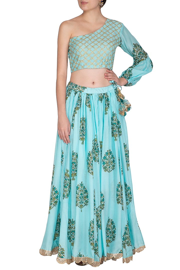 Blue Block Printed One Shoulder Top With Flared Skirt by Yuvrani Jaipur at Pernia's Pop Up Shop