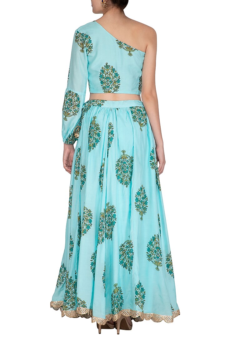 Blue Block Printed One Shoulder Top With Flared Skirt by Yuvrani Jaipur at Pernia's Pop Up Shop