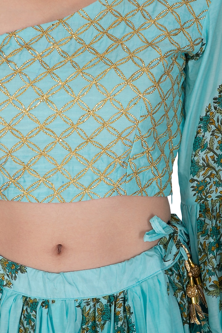 Blue Block Printed One Shoulder Top With Flared Skirt by Yuvrani Jaipur at Pernia's Pop Up Shop