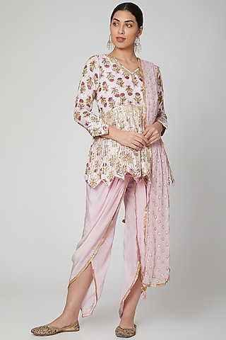 Blush Pink Block Printed Dhoti Set by Yuvrani Jaipur