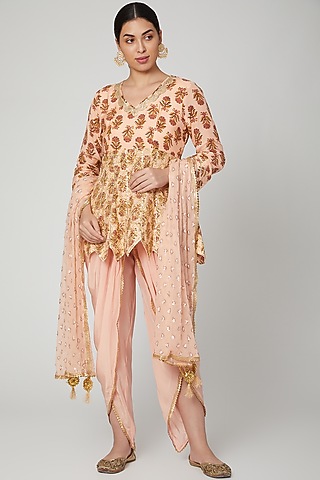 Peach Block Printed Dhoti Set by Yuvrani Jaipur