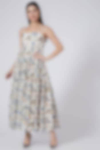White & Blue Hand Block Printed Maxi Dress by Yuvrani Jaipur