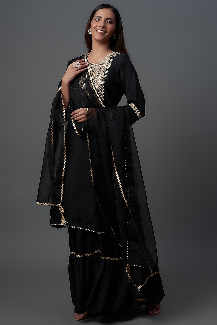 Black Silk Embroidered Skirt Set by Yuvrani Jaipur