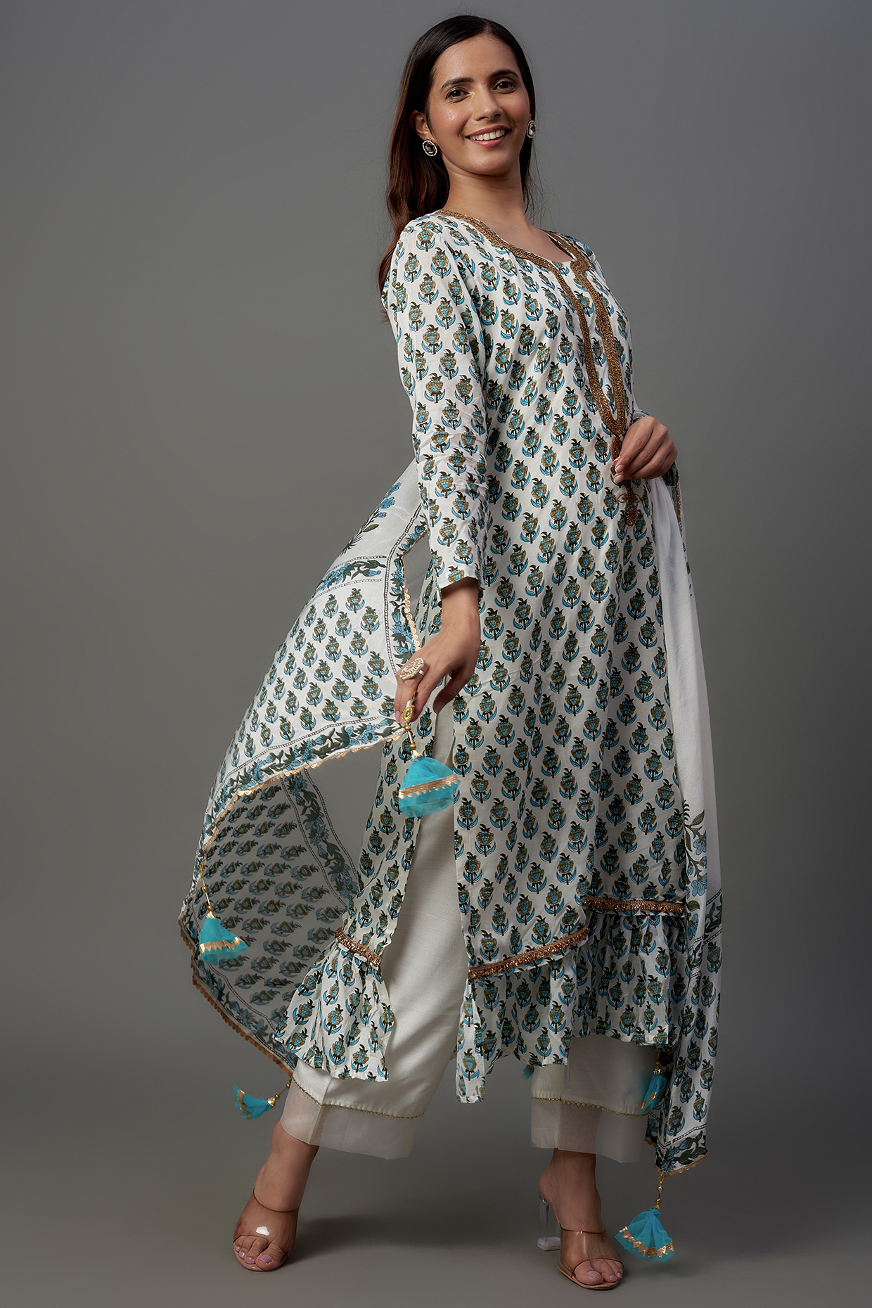 Ivory & Cobalt Blue Printed Kurta Set by Yuvrani Jaipur at Pernia's Pop Up Shop