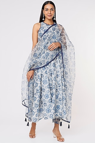 Powder Blue Chanderi Anarkali Set by Yuvrani Jaipur