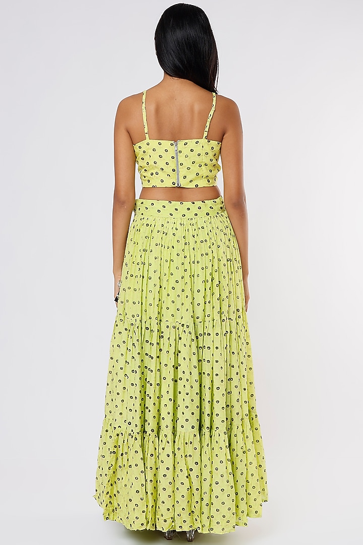 Neon Green Printed Layered Lehenga Set by Yuvrani Jaipur at Pernia's Pop Up Shop