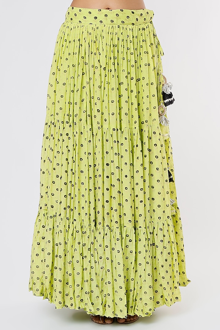 Neon Green Printed Layered Lehenga Set by Yuvrani Jaipur at Pernia's Pop Up Shop