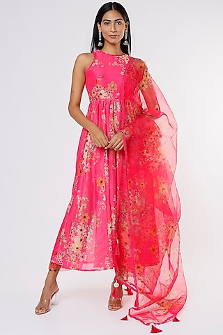 Hot Pink Chanderi Anarkali Set by Yuvrani Jaipur