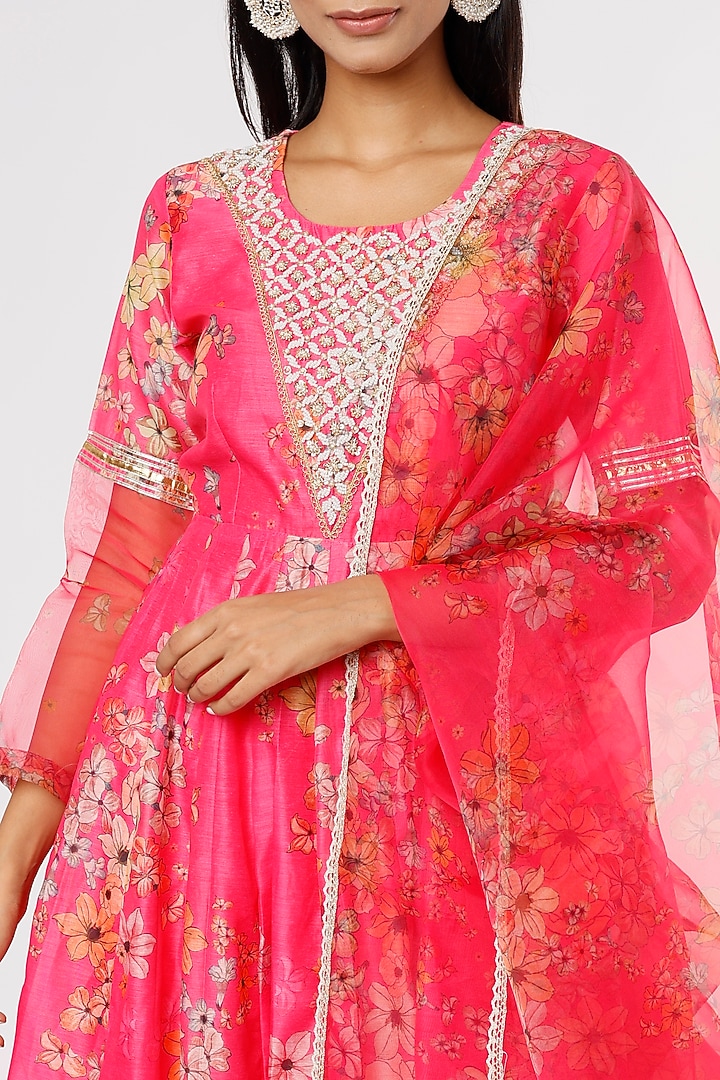 Hot Pink Hand Embroidered Anarkali Set by Yuvrani Jaipur at Pernia's Pop Up Shop