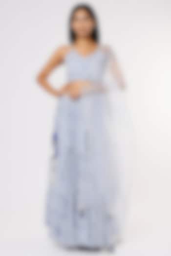 Cobalt Blue Printed Layered Lehenga Set by Yuvrani Jaipur at Pernia's Pop Up Shop