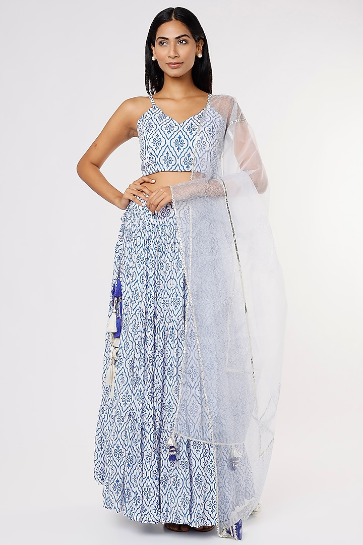 Cobalt Blue Printed Layered Lehenga Set by Yuvrani Jaipur at Pernia's Pop Up Shop