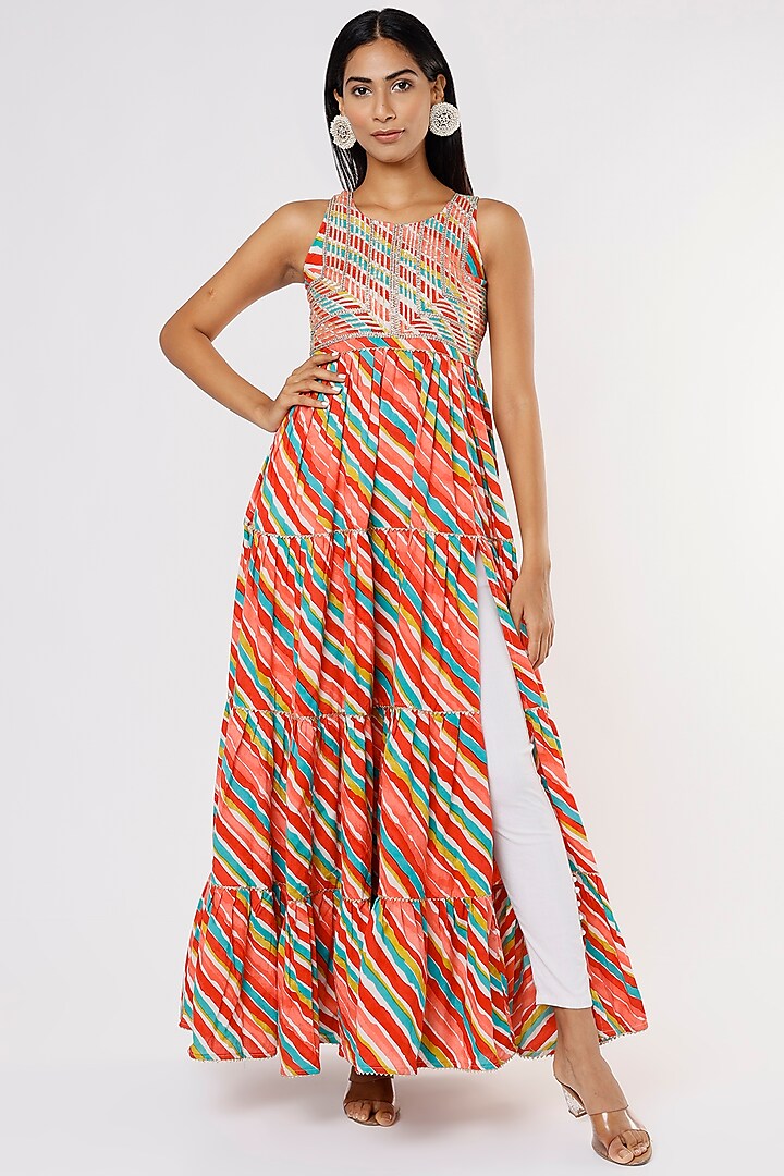Multi-Coloured Cotton Tiered Dress by Yuvrani Jaipur