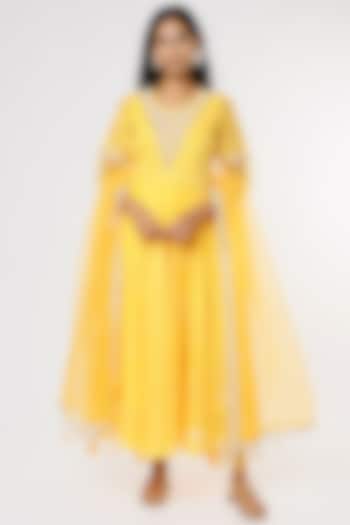 Bright Yellow Hand Embroidered Anarkali Set by Yuvrani Jaipur at Pernia's Pop Up Shop