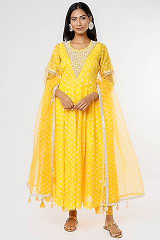 Bright Yellow Hand Embroidered Anarkali Set by Yuvrani Jaipur