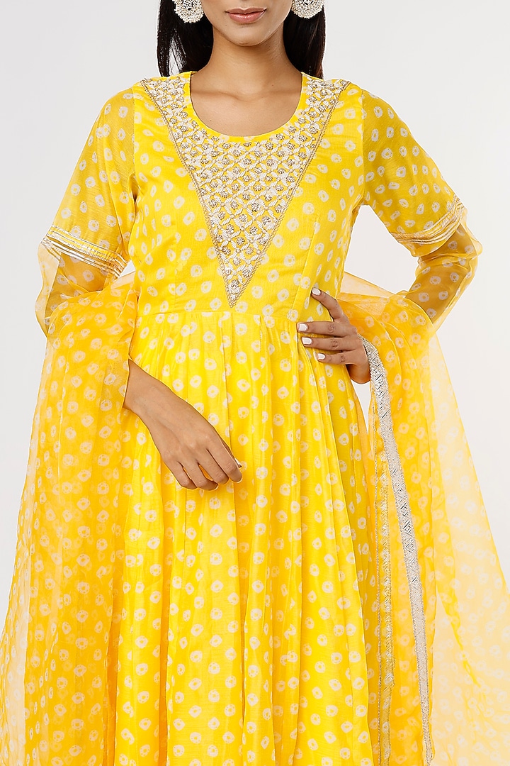 Bright Yellow Hand Embroidered Anarkali Set by Yuvrani Jaipur at Pernia's Pop Up Shop