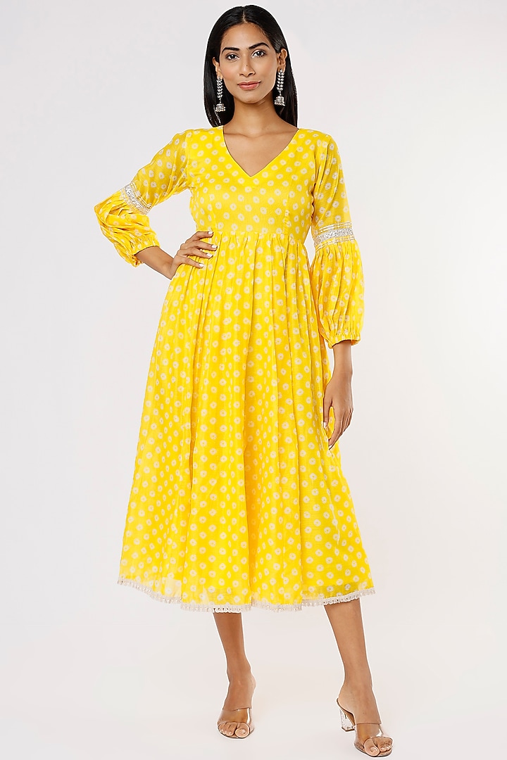 Bright Yellow Chanderi Dress by Yuvrani Jaipur