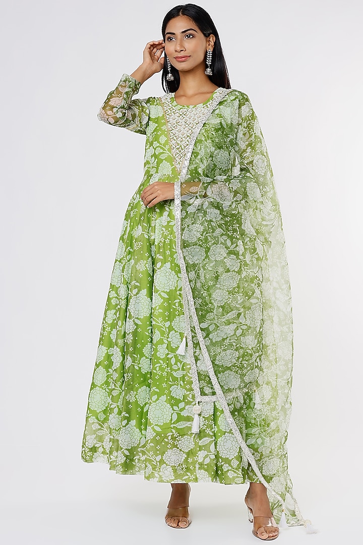 Pista Green Hand Embroidered Anarkali Set by Yuvrani Jaipur