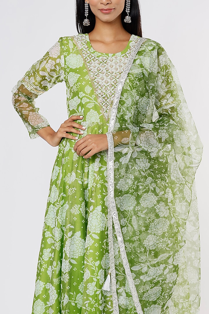 Pista Green Hand Embroidered Anarkali Set by Yuvrani Jaipur at Pernia's Pop Up Shop