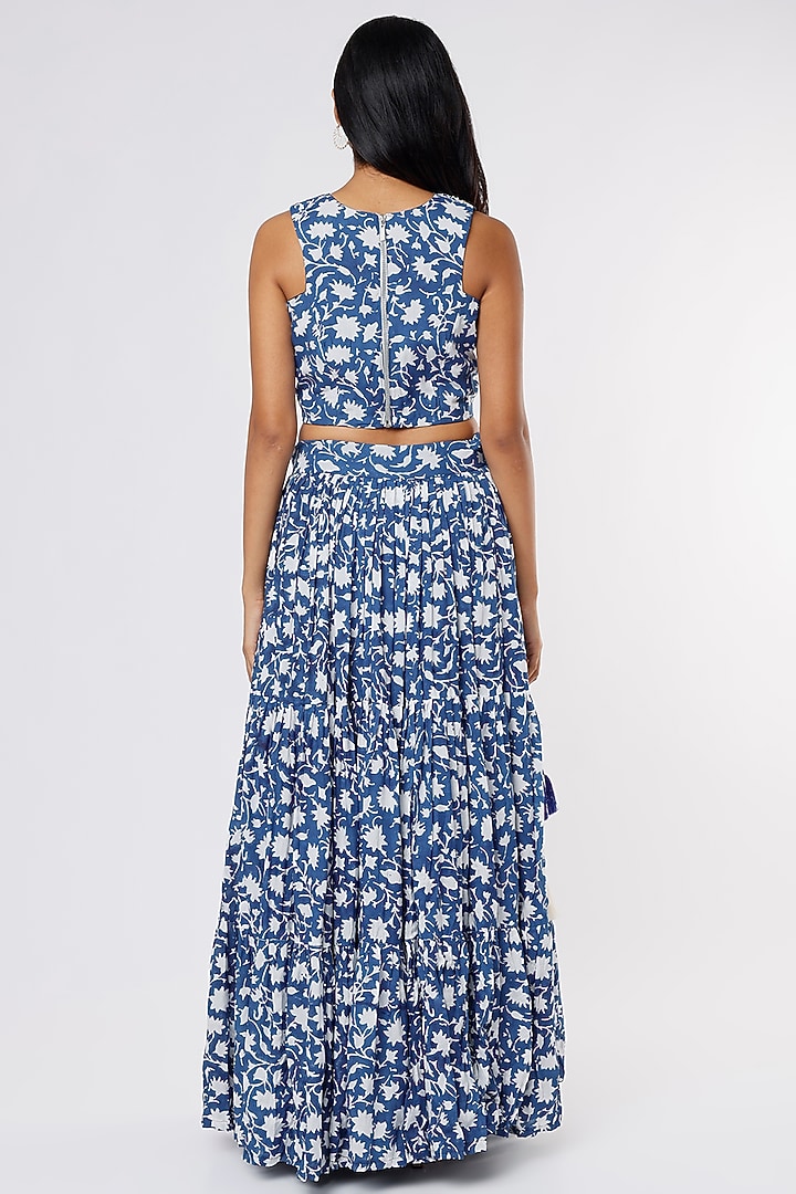 Cobalt Blue & Ivory Printed Layered Lehenga Set by Yuvrani Jaipur at Pernia's Pop Up Shop