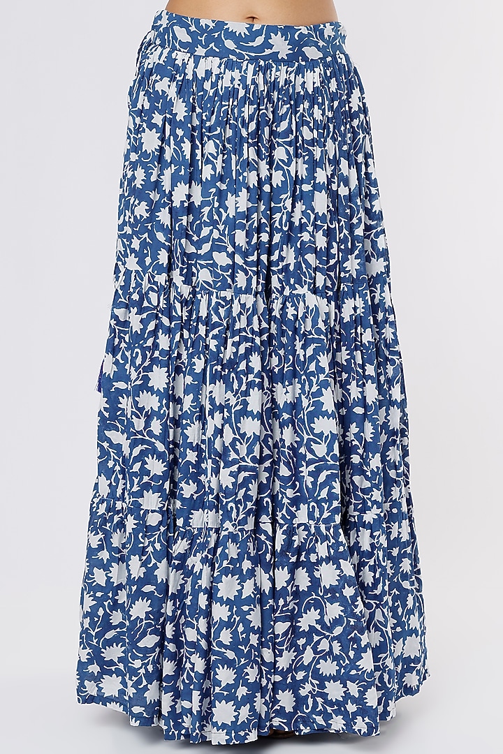 Cobalt Blue & Ivory Printed Layered Lehenga Set by Yuvrani Jaipur at Pernia's Pop Up Shop