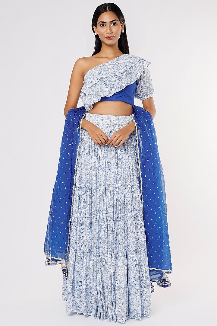 Ivory & Cobalt Blue Layered Skirt Set by Yuvrani Jaipur