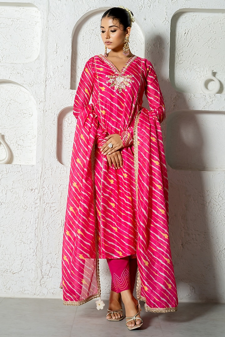 Hot Pink Kota Doriya Hand Embroidered Party Wear Anarkali Set by Yuvrani Jaipur at Pernia's Pop Up Shop