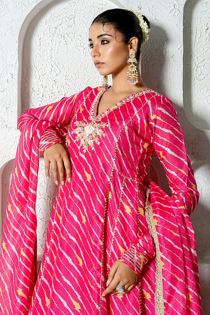 Hot Pink Kota Doriya Hand Embroidered Party Wear Anarkali Set by Yuvrani Jaipur at Pernia's Pop Up Shop