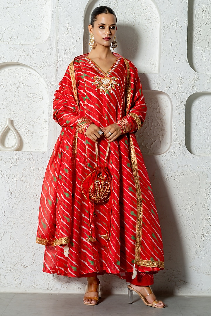 Red Kota Doriya Hand Embroidered Anarkali Set by Yuvrani Jaipur