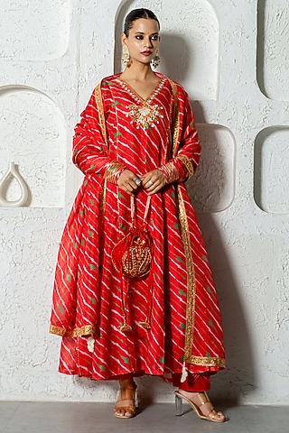 Red Kota Doriya Hand Embroidered Anarkali Set by Yuvrani Jaipur