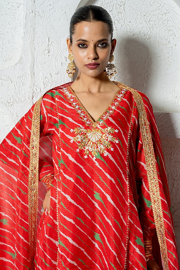 Red Kota Doriya Hand Embroidered Party Wear Anarkali Set by Yuvrani Jaipur at Pernia's Pop Up Shop