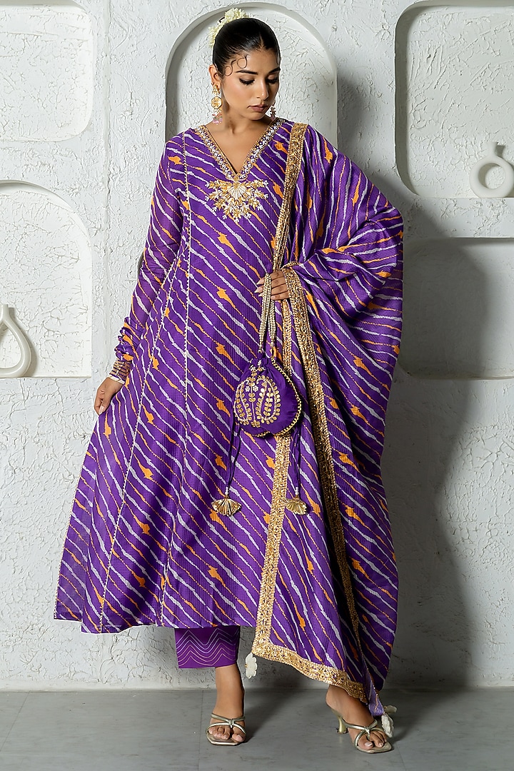 Purple Kota Doriya Hand Embroidered Party Wear Anarkali Set by Yuvrani Jaipur at Pernia's Pop Up Shop