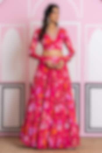 Hot Pink Chinon Chiffon Hand Work & Printed Lehenga Set by Yuvrani Jaipur at Pernia's Pop Up Shop