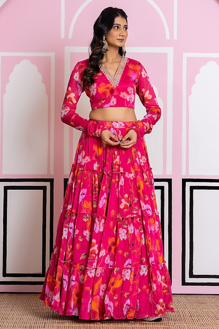 Hot Pink Chinon Chiffon Hand Work & Printed Lehenga Set by Yuvrani Jaipur at Pernia's Pop Up Shop