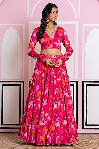 Hot Pink Chinon Chiffon Hand Work & Printed Lehenga Set by Yuvrani Jaipur