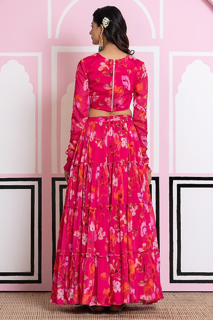 Hot Pink Chinon Chiffon Hand Work & Printed Lehenga Set by Yuvrani Jaipur at Pernia's Pop Up Shop