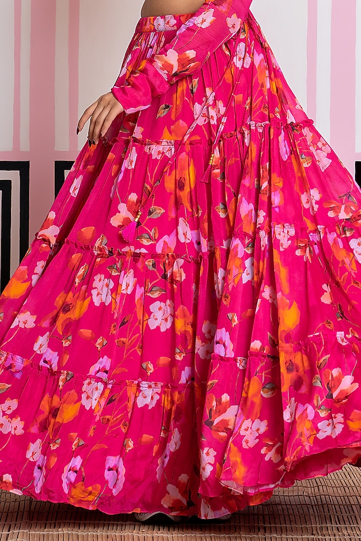 Hot Pink Chinon Chiffon Hand Work & Printed Lehenga Set by Yuvrani Jaipur at Pernia's Pop Up Shop