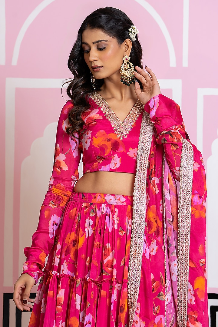 Hot Pink Chinon Chiffon Hand Work & Printed Lehenga Set by Yuvrani Jaipur at Pernia's Pop Up Shop